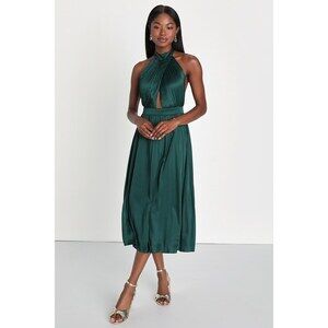 Lulus Totally Charming Emerald Green Satin Pleated Halter Midi Dress - Size XS